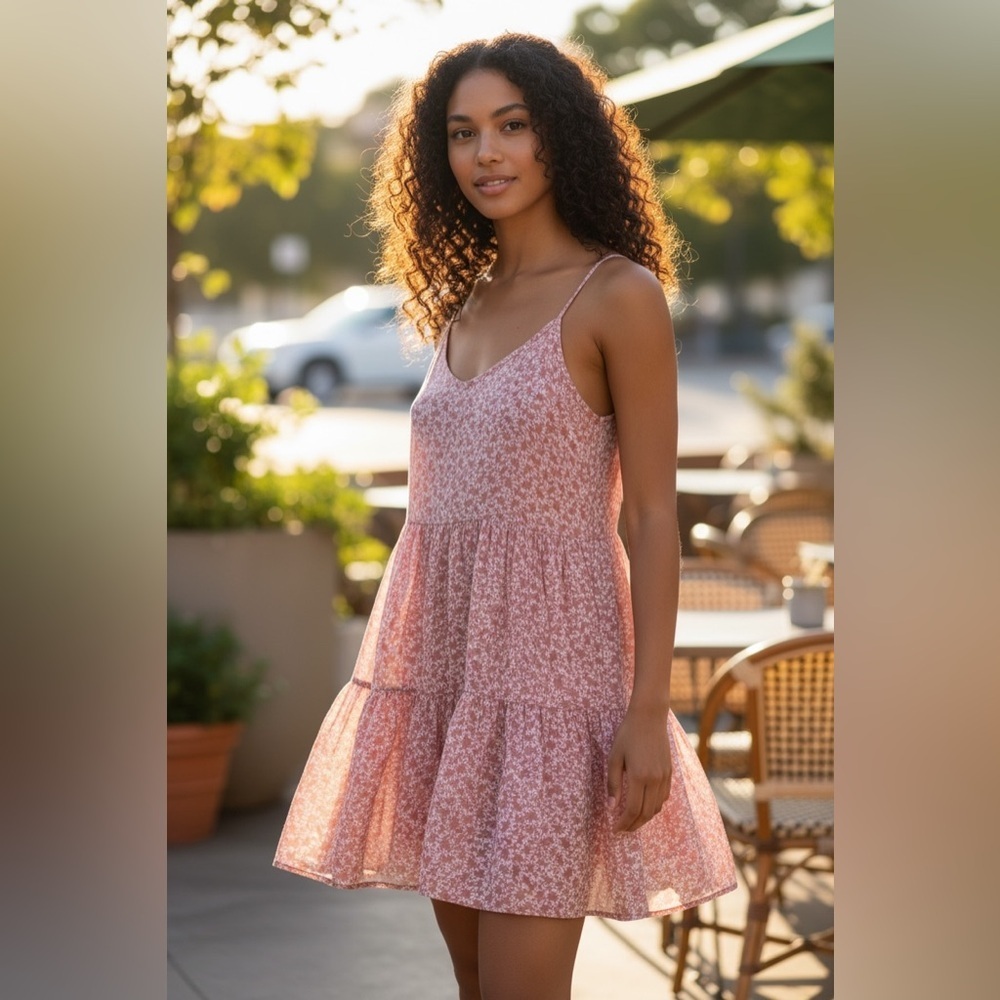 mine Pink Floral Tiered Spaghetti-Strap Mini Dress